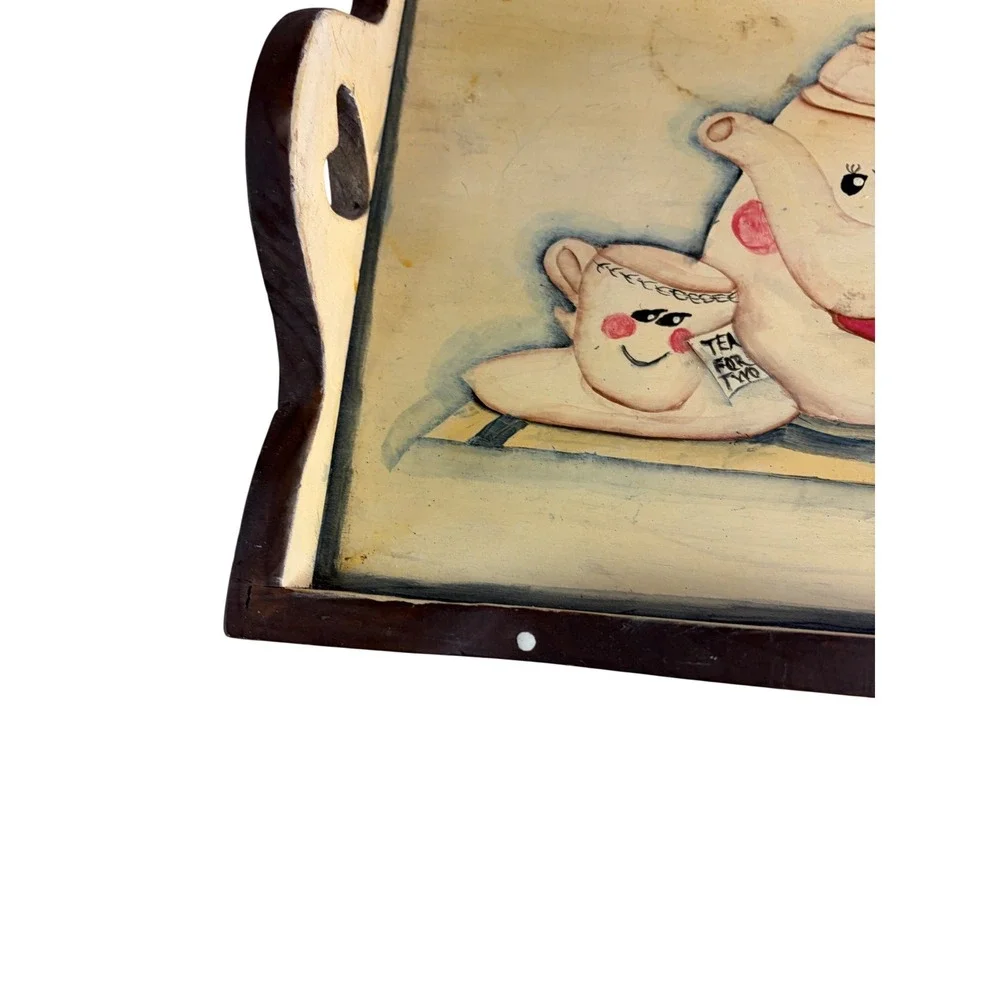 Vintage Hand Painted‎ Wooden Tea Tray Teapot Kitchen Serving Cottage Decor